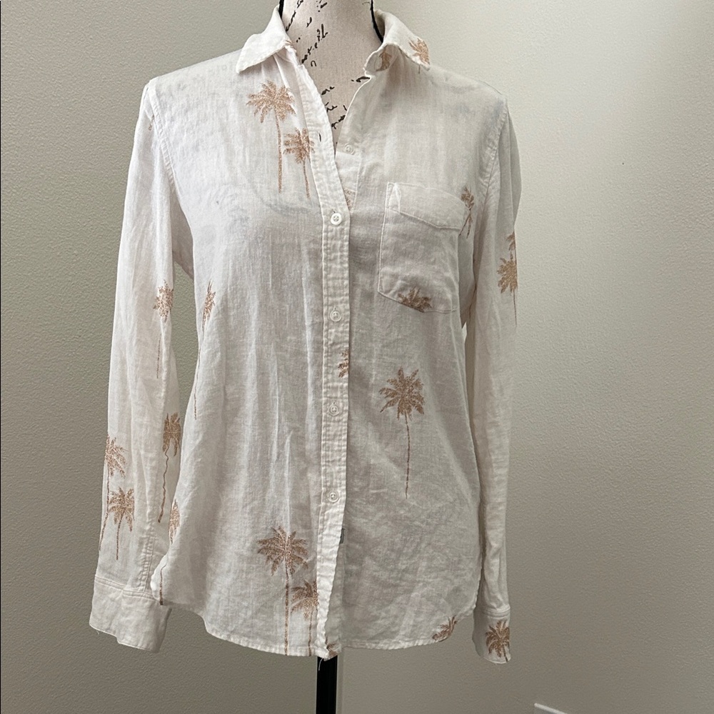Rails White Linen Button-Down Shirt with Beige Palm Print